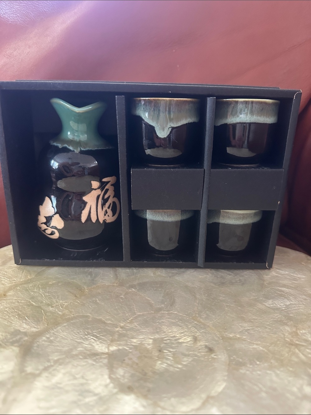 Vintage Porcelain Sake Set with Jade and Brown Glaze 4 cups and Pitcher